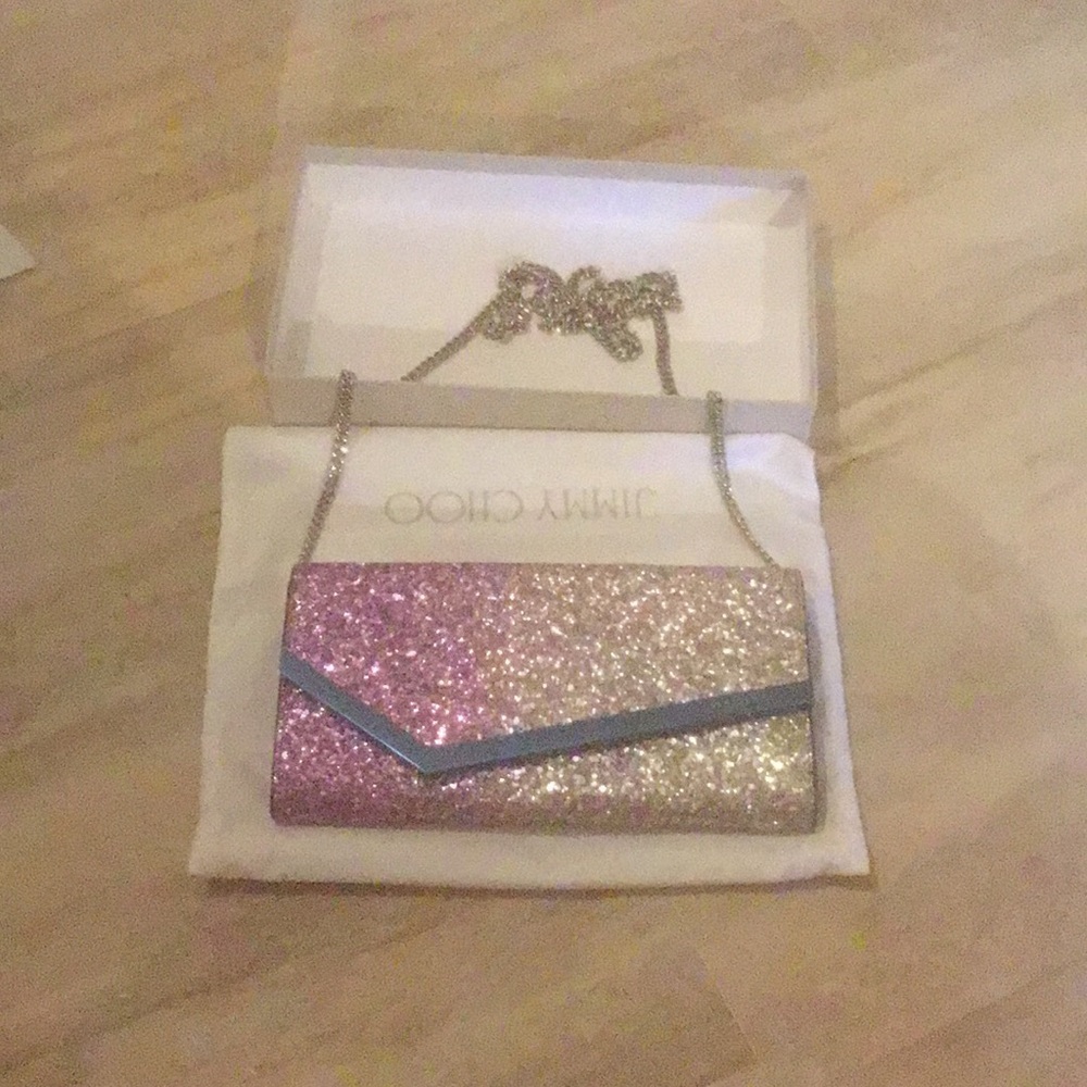 Jimmy Choo Dual Coarse Glitter Emmie Clutch With Chain (Platinum & Pink Violet)